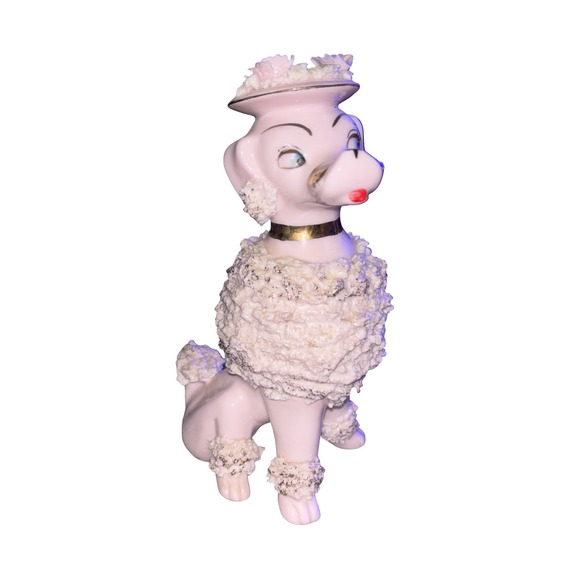 Other - Vintage 1950s Pink Spaghetti Poodle Porcelain Figurine Gold Trim Floral Hat 7"